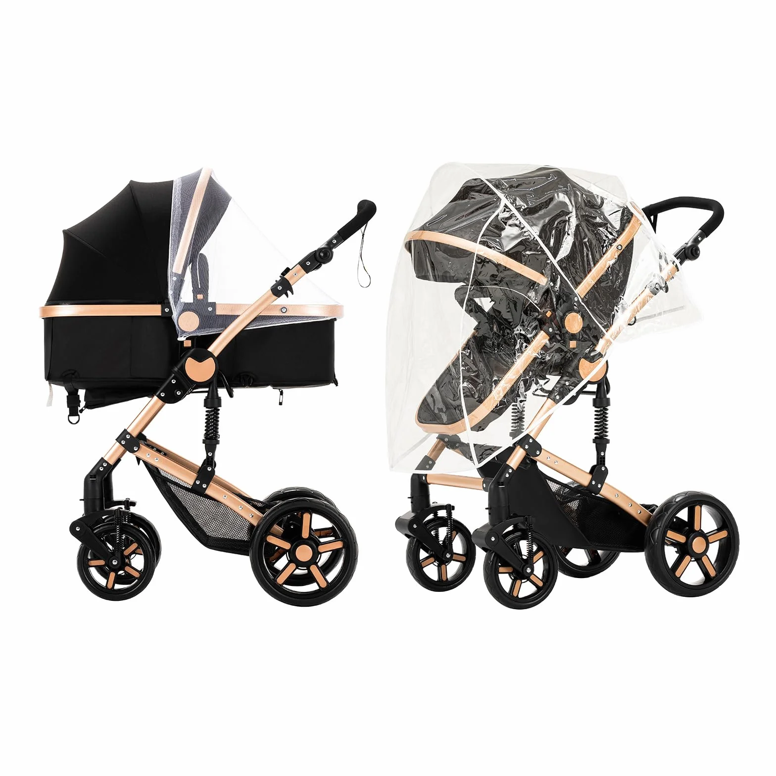 MoLi Kinderwagen 3 in 1, Kinderwagen mit Umkehrbarem Doppelschiebemodus, Buggy mit Großer Bequemer Babywanne, Kombikinderwagen 3 in 1 Rahmen Aluminiumlegierung Faltbar Hohe Landschaft (588 Black Gold)