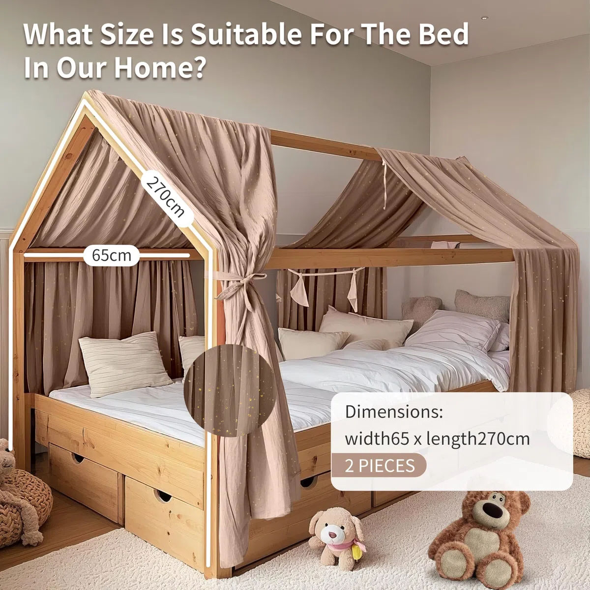 Hausbett Himmel mit Gold Applikation 2 Stück, handgefertigt aus 100% Baumwoll-Musselin, Stoffhimmel zur Hausbettdekoration, für Mädchen und Jungen (Dunkelbeige, 2er Set 65 x 270 cm)
