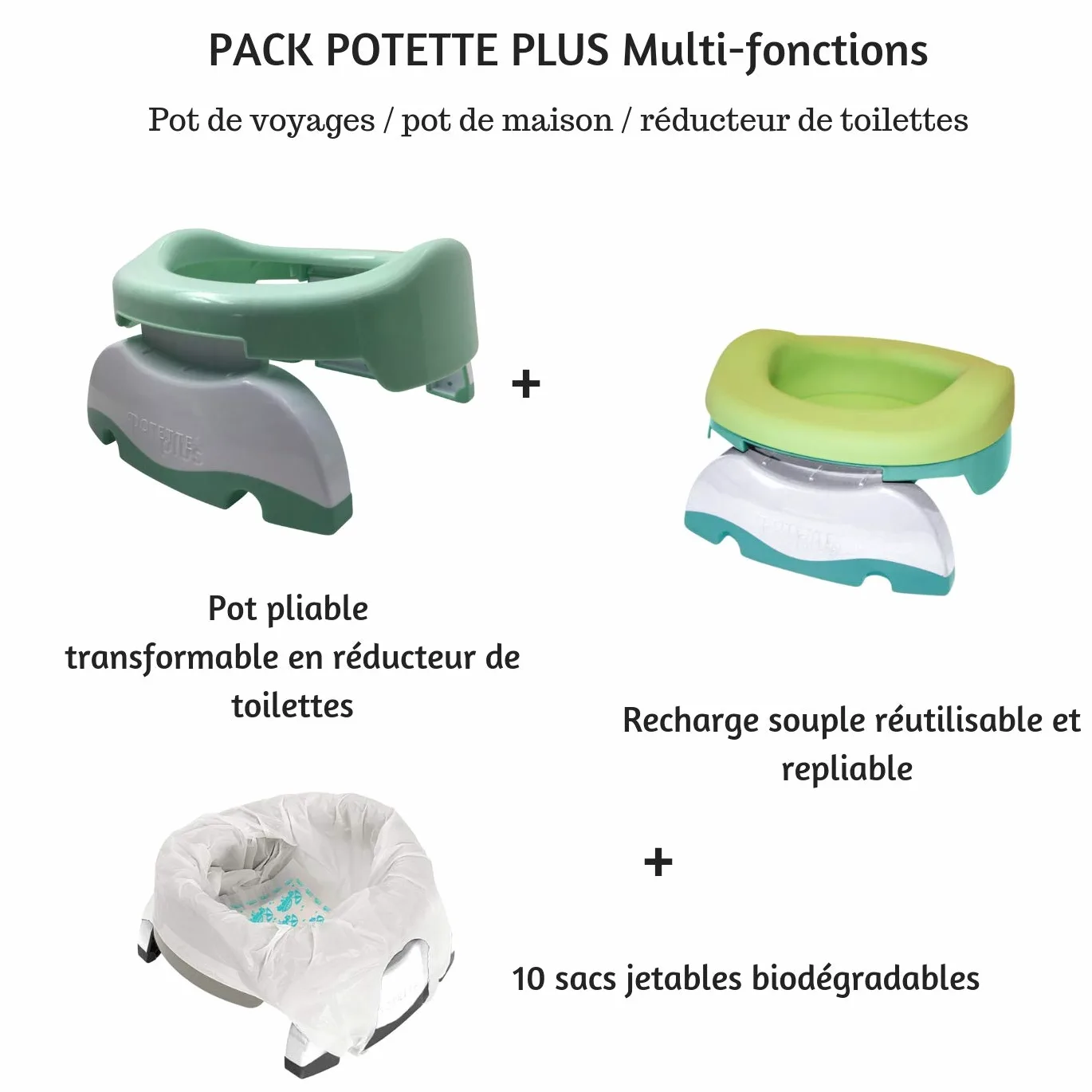 Potette Plus: Flexibler Reise-Toilettensitzverkleinerer mit 10 Einweg-Nachfüllpackungen (hellgrün)