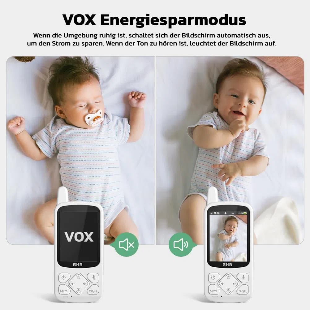 GHB Babyphone mit Kamera Baby Monitor 720P HD Zoom 2000mAh Akku 8 Schlafliedermit VOX Modus Nachtsicht