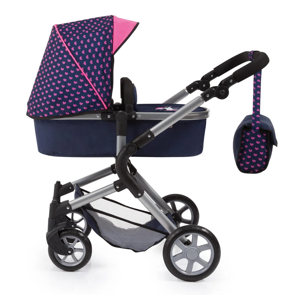 Bayer Design 18154AA City Neo Puppenwagen mit Wickeltasche und Einkaufskorb / umwandelbar in einen Sportwagen / höhenverstellbar / Design: Herzchen, Einhorn / dunkelblau, pink | wandelbar als Puppenjogger, verstellbarer Griff, schwenkbare Vorderräder, int