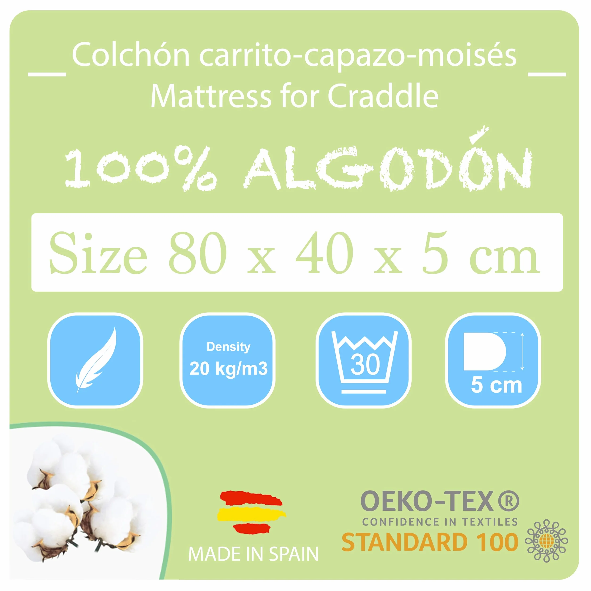 PEKITAS Stubenwagen Baby Matratzen 80x40 cm Höhe 5 cm Oval Kinderwagen Matratze Beistellbett Babywiege Kindermatratze Abnehmbarer, waschbarer Bezug aus 100% Baumwolle