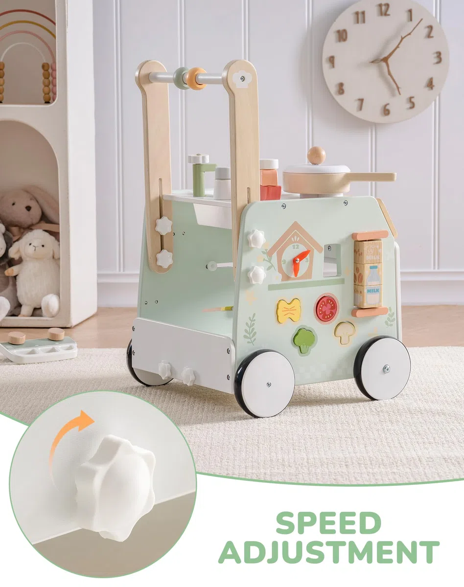 ROBOTIME Holz Lauflernwagen mit Spielküche, 2-in-1 Baby Walker & Aktivitätscenter, höhenverstellbar, mit Bremse, Motorikspielzeug für Kleinkinder ab 10-36 Monaten