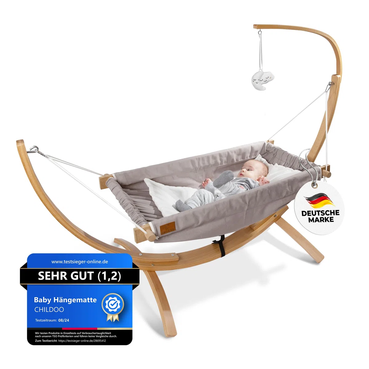 Baby Hängematte [QuickFix-Schlaufe] Babywiege Babybett Federwiege mit Gestell Kinderschaukel Babywippe für Kinderzimmer, Esszimmer, Wohnzimmer | Grau