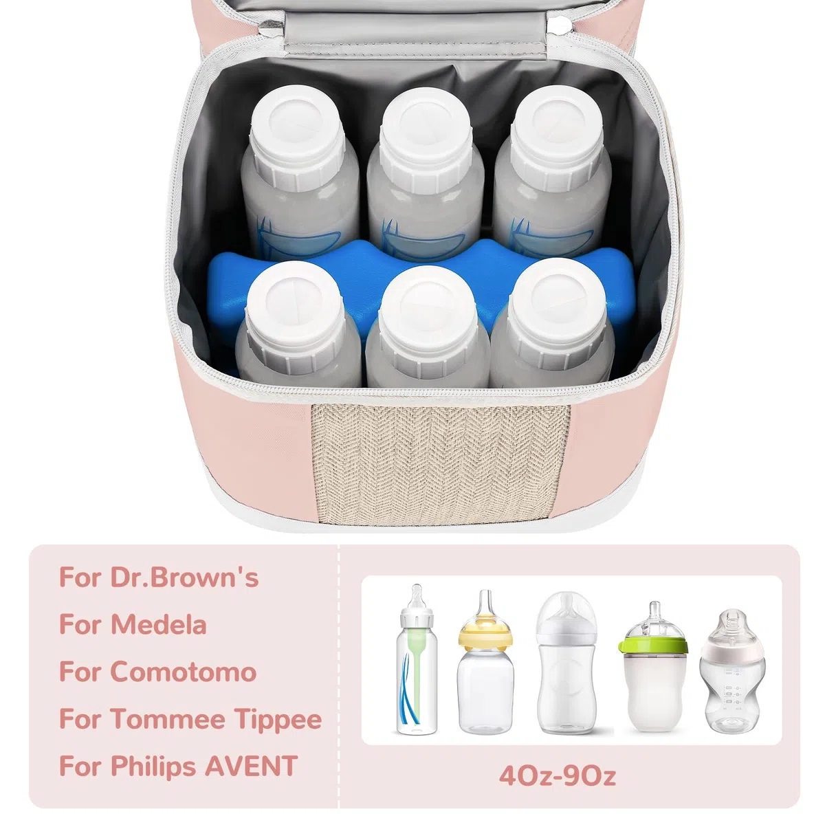 Mancro Muttermilch-Kühltasche mit Eisbeutel, doppellagig, für 6 Flaschen bis zu 266 ml, isolierte Flaschentaschen für Kindertagesstätte und Reisen, Rosa