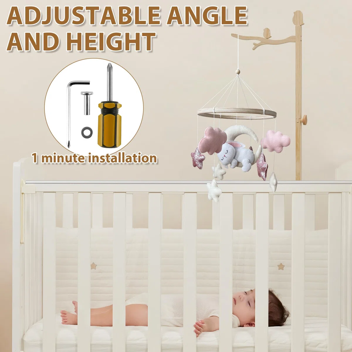 Mobile Halterung Holz für Babybett,135CM Stehend Verstellbarer Ständer Mobile Halterung für Babybett,Aufhängung Windspiele Bettglocke