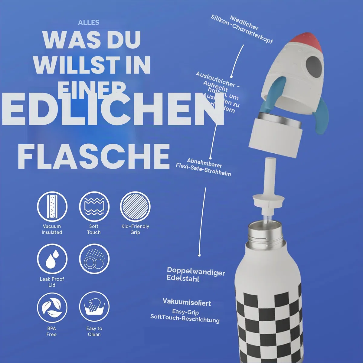 Asobu Bestie Kindertrinkflasche mit Strohhalm – Isolierte Edelstahlflasche 420ml mit Raketen-Kopf – Auslaufsicher & BPA-frei