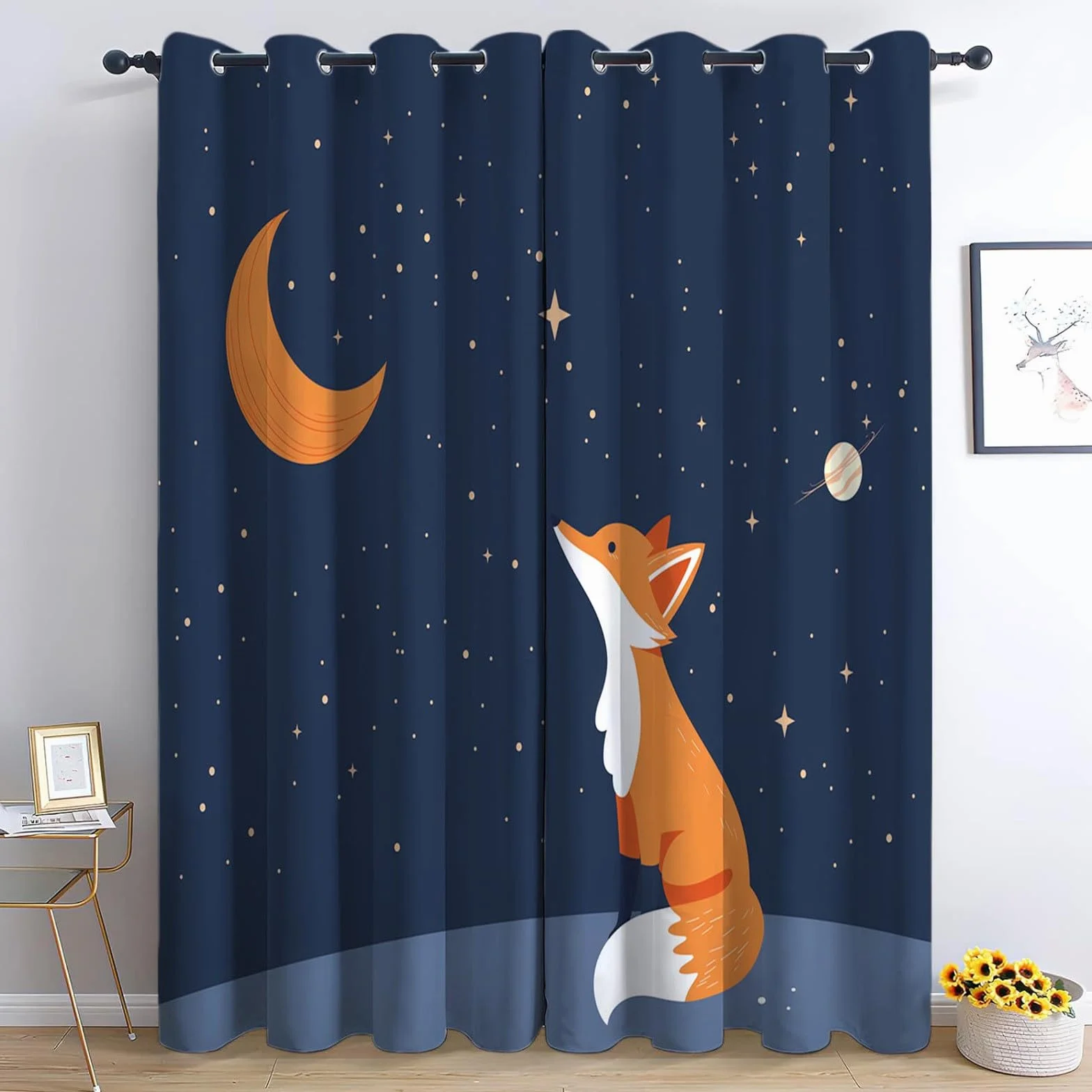 Blackout Vorhänge H166 x B150 cm Verdunkelung Vorhang mit Ösen, Cartoon Tier Fuchs Sterne Vorhang Dunkelblau Weich Polyester Vorhänge für Wohnzimmer Schlafzimmer und Kinderzimmer Dekorieren