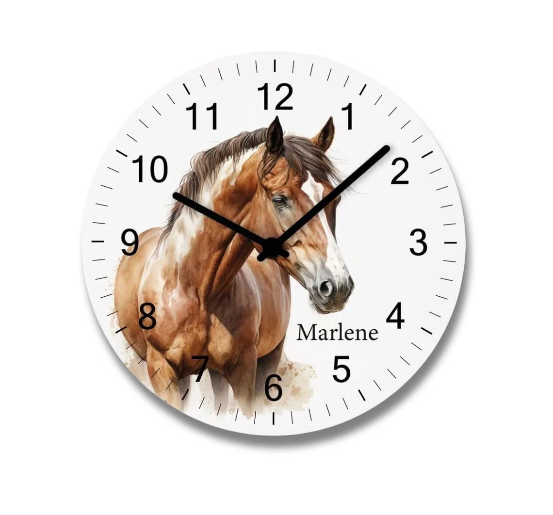 Kinderwanduhr Pferd mit Name Uhr Mädchen Geschenk ohne Tickgeräusche Kinderzimmer Wanduhr