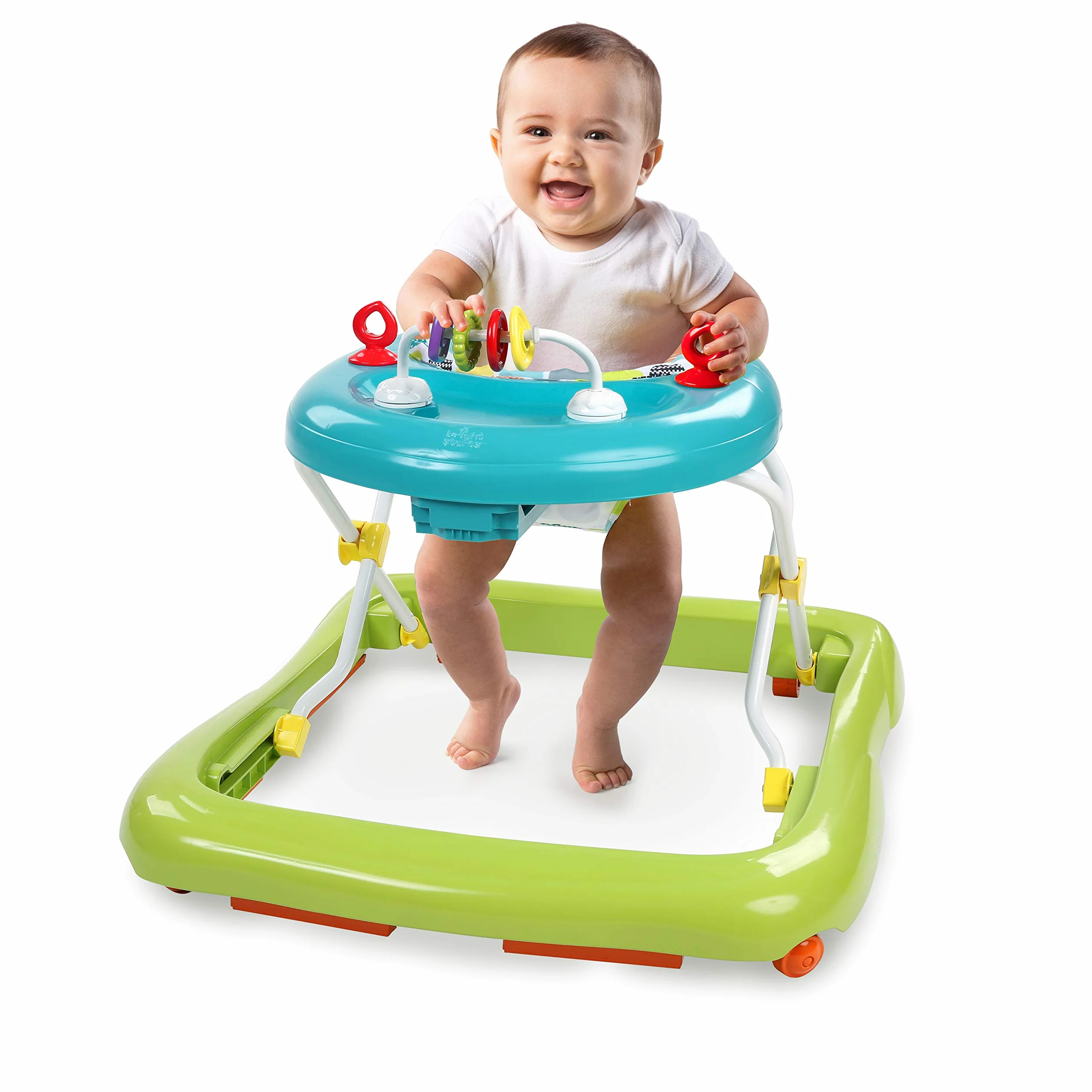 Bright Starts, Giggling Safari, Lauflernhilfe mit Spielzeuge, Perlenschiebespielzeug, 3 Höheneinstellungen, Lauflernwagen mit hoher Rückenlehne, zusammenklappbare, grün/blau, Kinder ab 6 Monaten