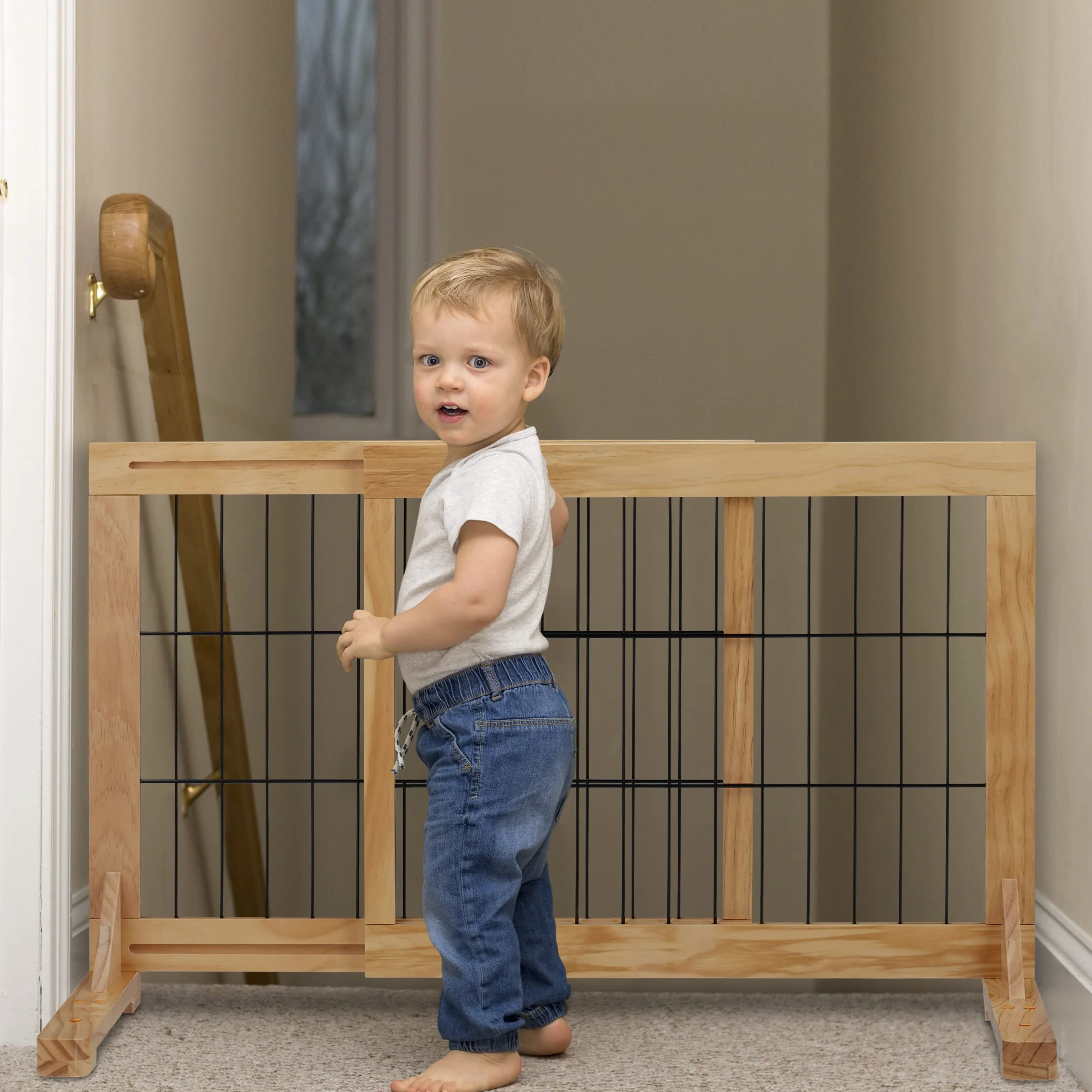 Relaxdays Absperrgitter, ausziehbares Schutzgitter, Treppe & Tür, HxB: 56x70-108 cm, freistehend, Kinder & Hunde, Natur