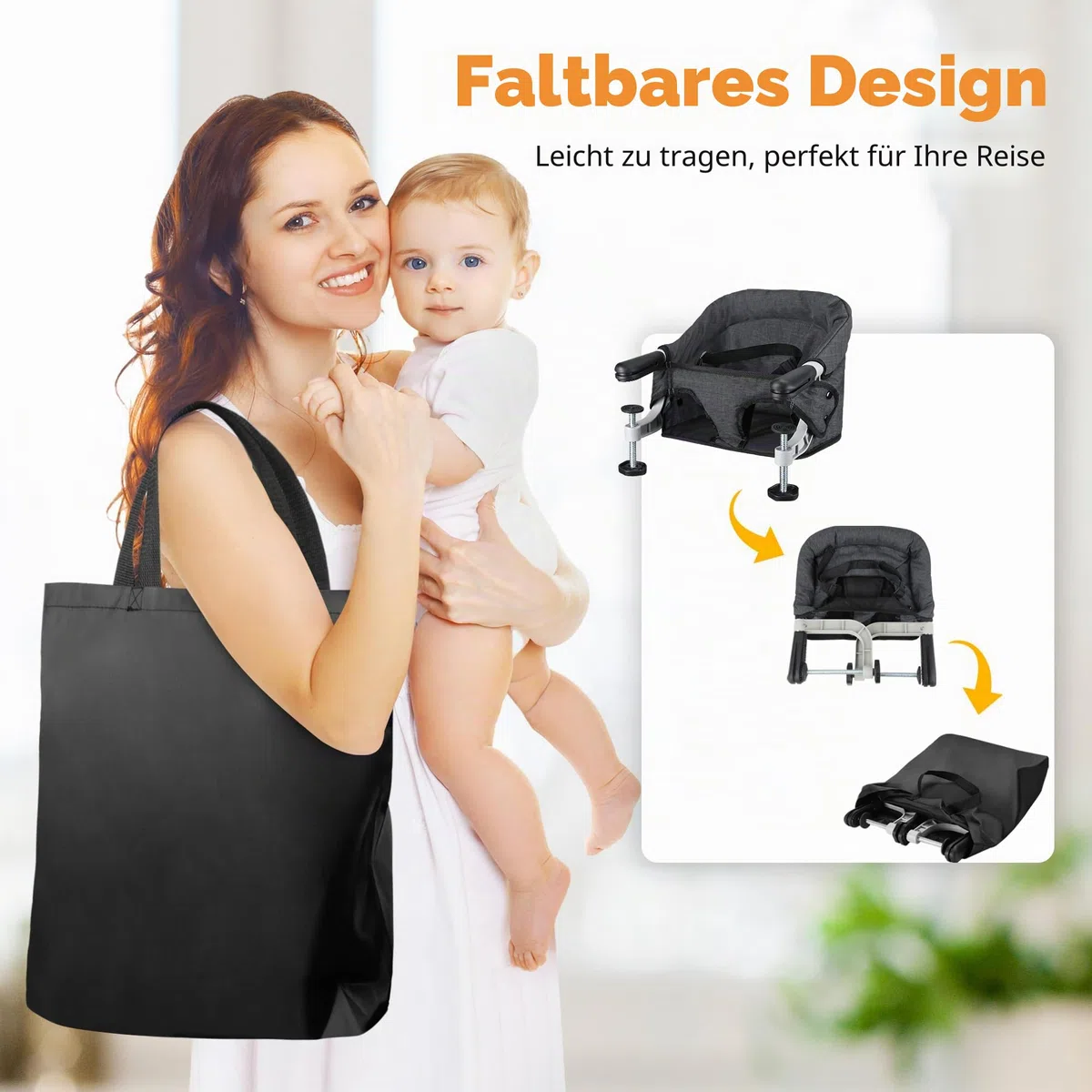 Toogel Klappbarer Tischsitz, Tragbarer Baby Hochstuhl mit Sicherheitsgurt, Kinderstuhl zum Anklippen, Sitzerhöhung Stuhlsitz Babysitz mit Transporttasche für Zuhause und Unterwegs (Schwarz)