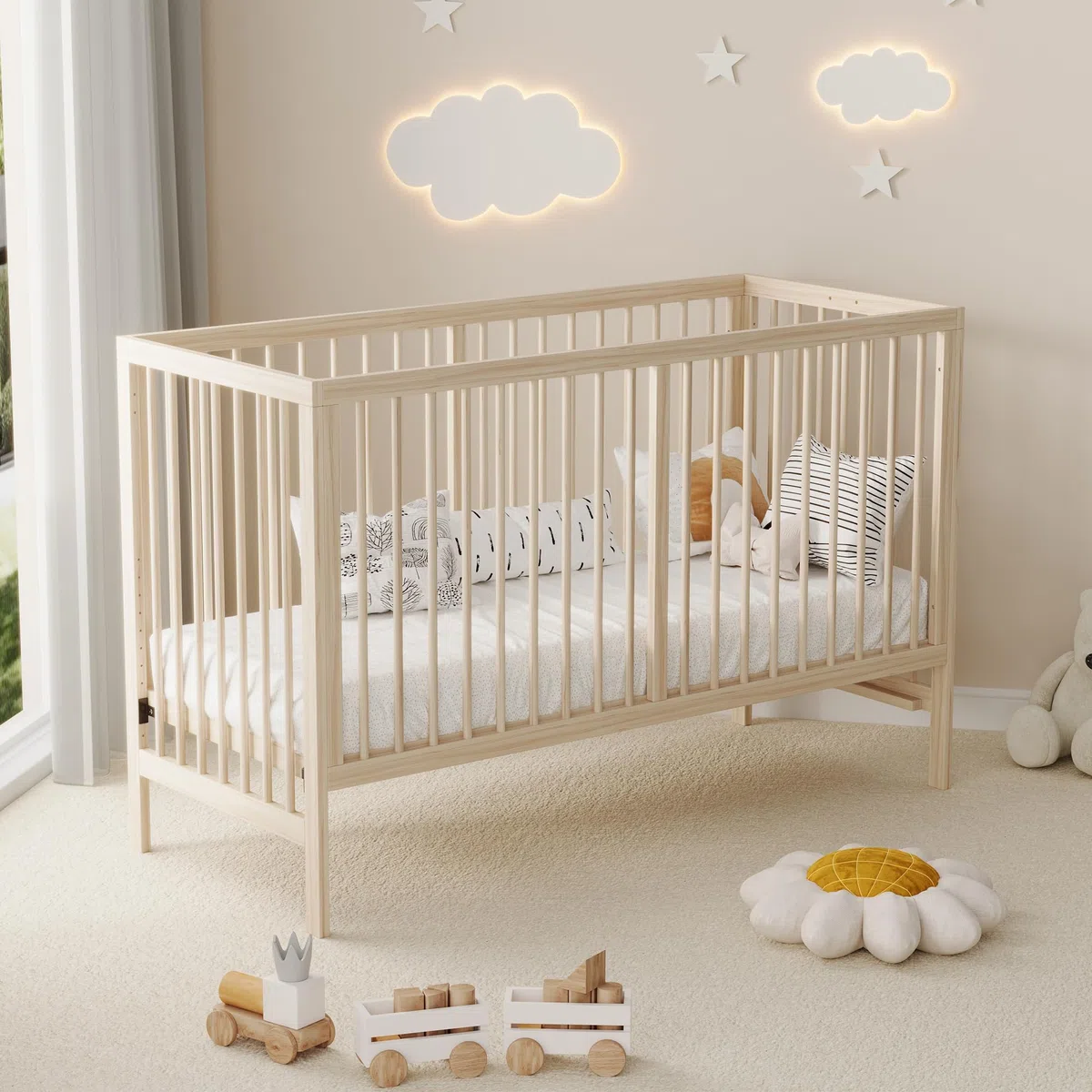 Holz Babybett Höhenverstellbar,Multifunktionales Gitterbett,Baby Cot Babybett Mitwachsend Beistellbett Staffelei Schreibtisch,ohne Matratze,140x60x90cm