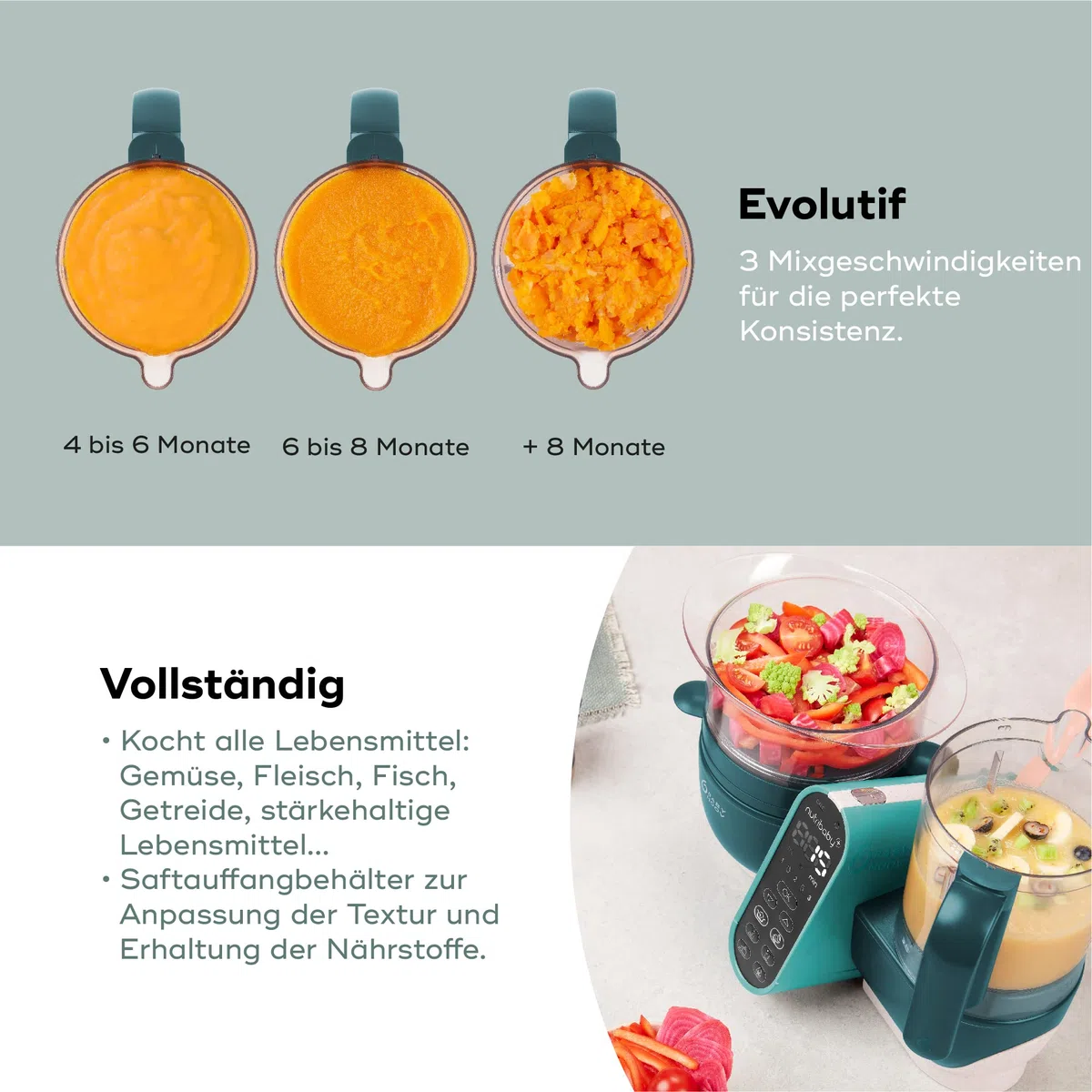 Babymoov Nutribaby Plus Opal Green Babynahrungszubereiter 2200ml + Babybols Aufbewahrungsbehälter 15-teilig