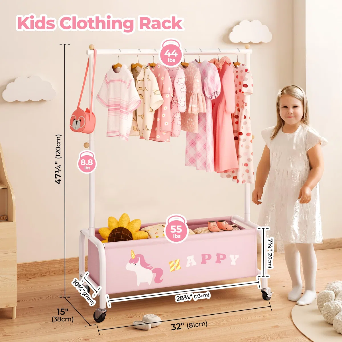 GRANNY SAYS Kleiderständer Kinder mit Aufbewahrungskiste, Kinder Kleiderstange auf Rollen, rosa Kindergarderobe stehend, robuste Jackenständer Kinderkleiderschrank für Baby- & Kleinkinderzimmer