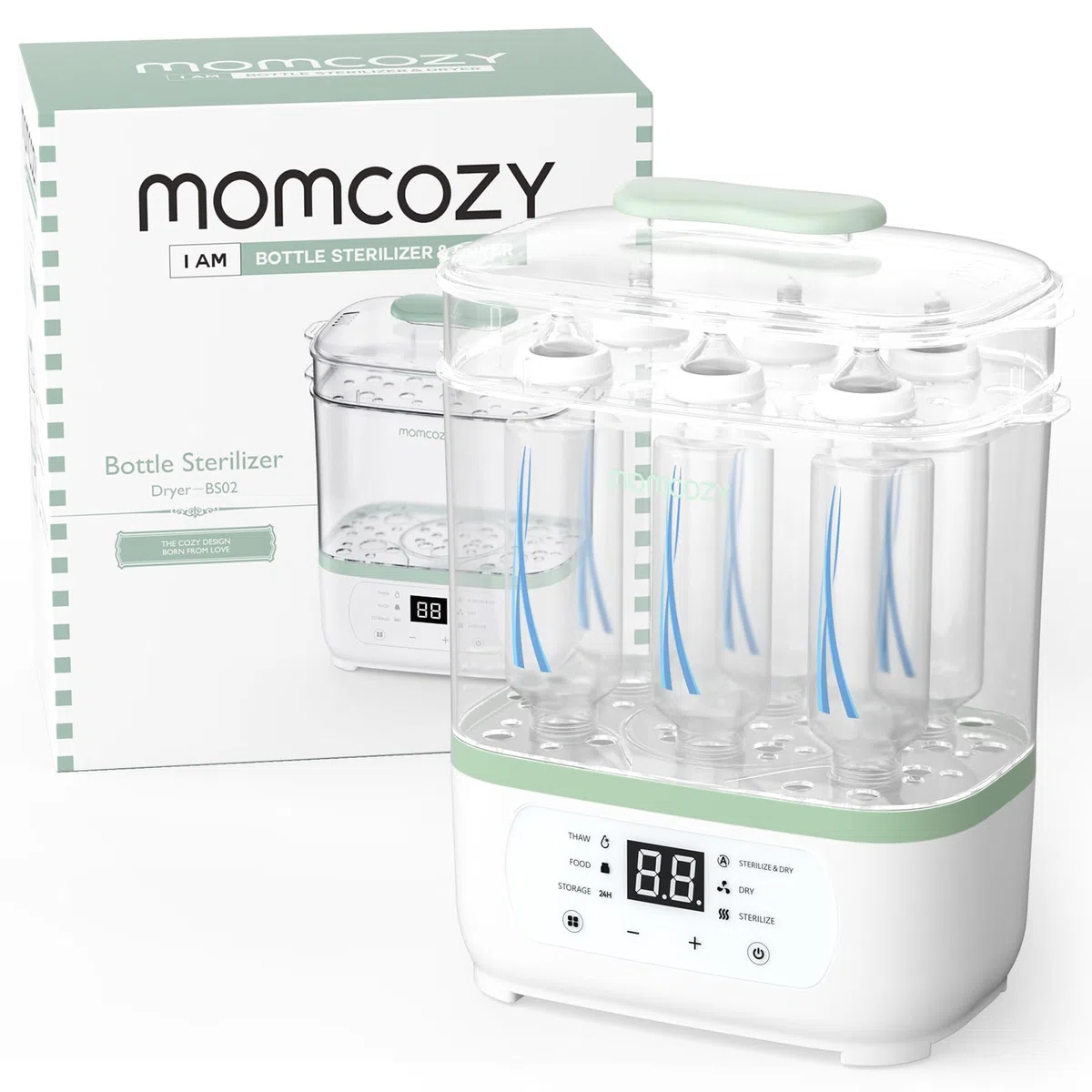 Momcozy Elektrischer Dampfsterilisator für Babyflaschen – 3-in-1 Dampfreinigung, Trocknet & Heizt, 8 Flaschen Kapazität aller Marken, Automatische 30 Min Schnelltrocknung für Schnuller & Spielzeug