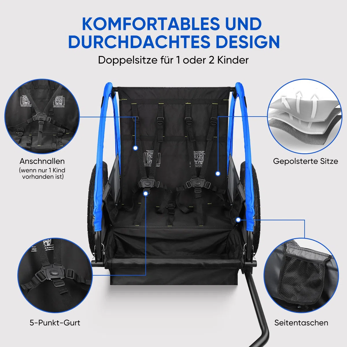 SEPNINE Kinderanhänger für Fahrrad, Fahrradanhänger für 1-2 Kinder, mit 5-Punkt-Sicherheitsgurt, Luftreifen, Handbremse, Faltbar, Max. 40 kg (Dunkelblau)