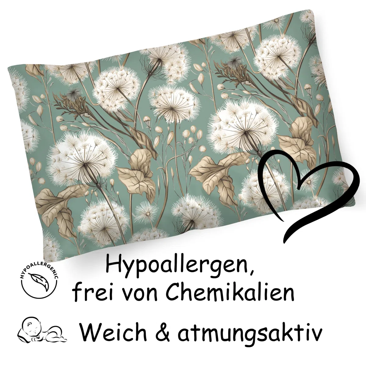 PinkZebra Kopfkissenbezug, Kissenbezug 30 x 50 cm aus 100% Baumwolle, Kissenhülle, Öko-tex Standard 100, Bezüge mit Reißverschluss, Löwenzahn Grün