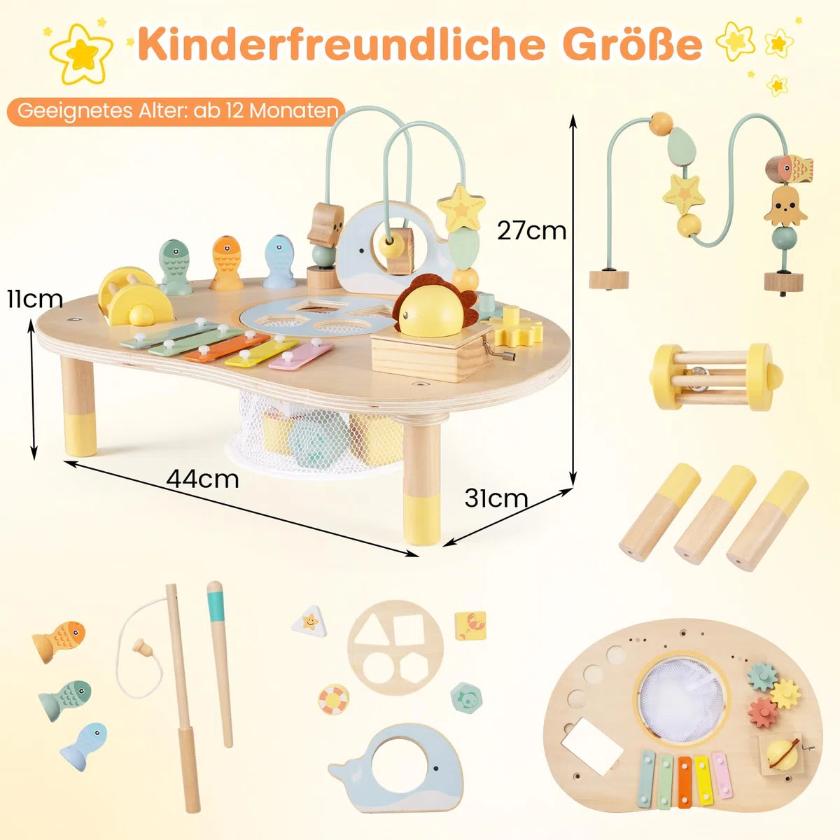 COSTWAY Aktivitätstisch Holz, Baby Montessori Spieltisch mit Motorikschleifen, Angelspiel, Xylophon, Spieluhr, Formensortierer, Motoriktisch Lernspielzeug für Kinder ab 1 Jahr