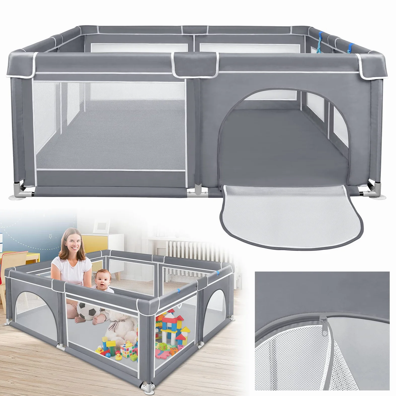 ACXIN Laufstall Baby Laufgitter 127x127x68cm mit Rutschfester Basis und Atmungsaktivem Netz, Stabiler Absperrgitter Aktivitätszentrum für Kinder, Grau