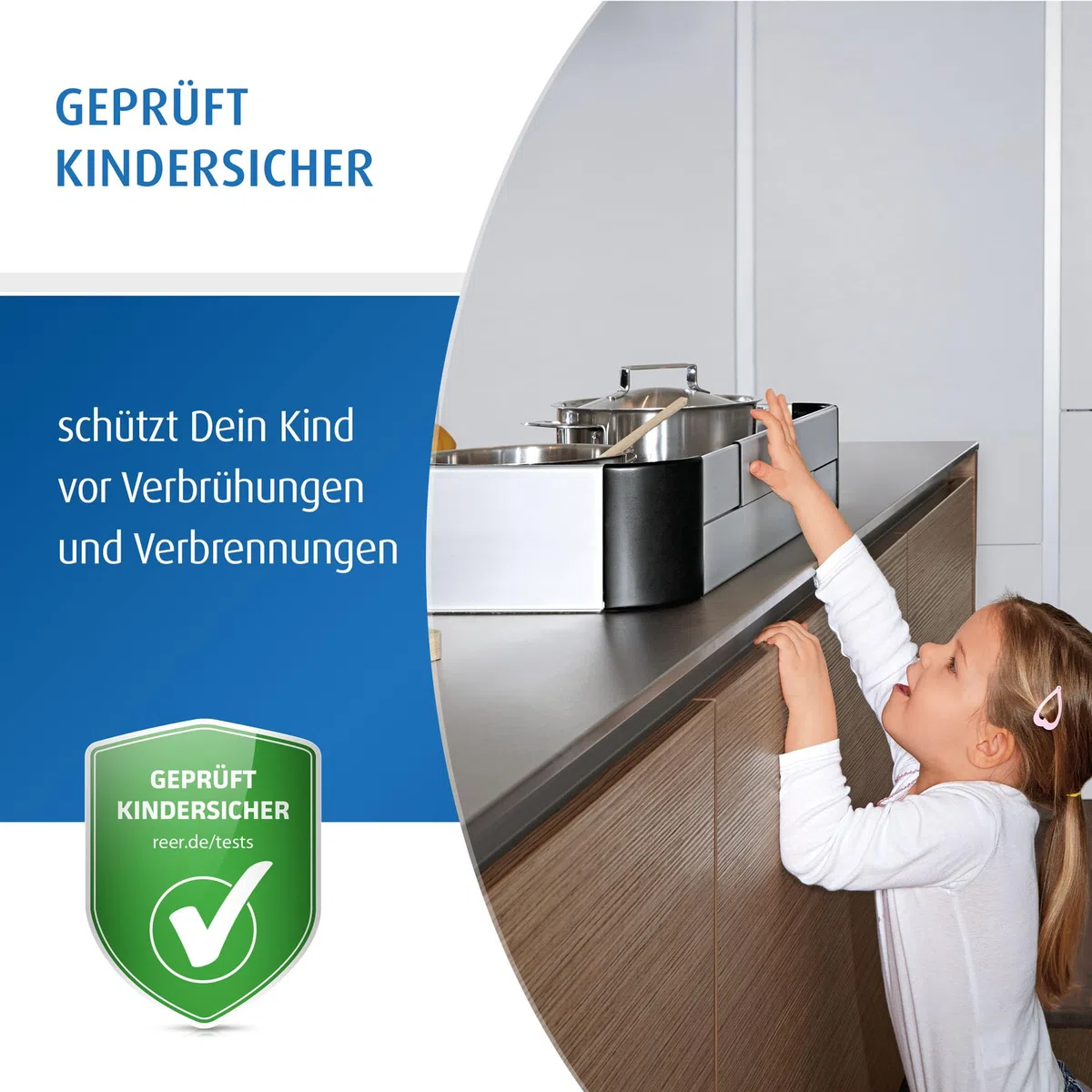 reer Herdschutzgitter PREMIUM XL | ausziehbar: 57-90 cm | spülmaschinengeeignetes Herdgitter | Herdsicherung ohne Bohren | Kinder Herdschutz | Kindersicherung, Ceranfeld & Induktion