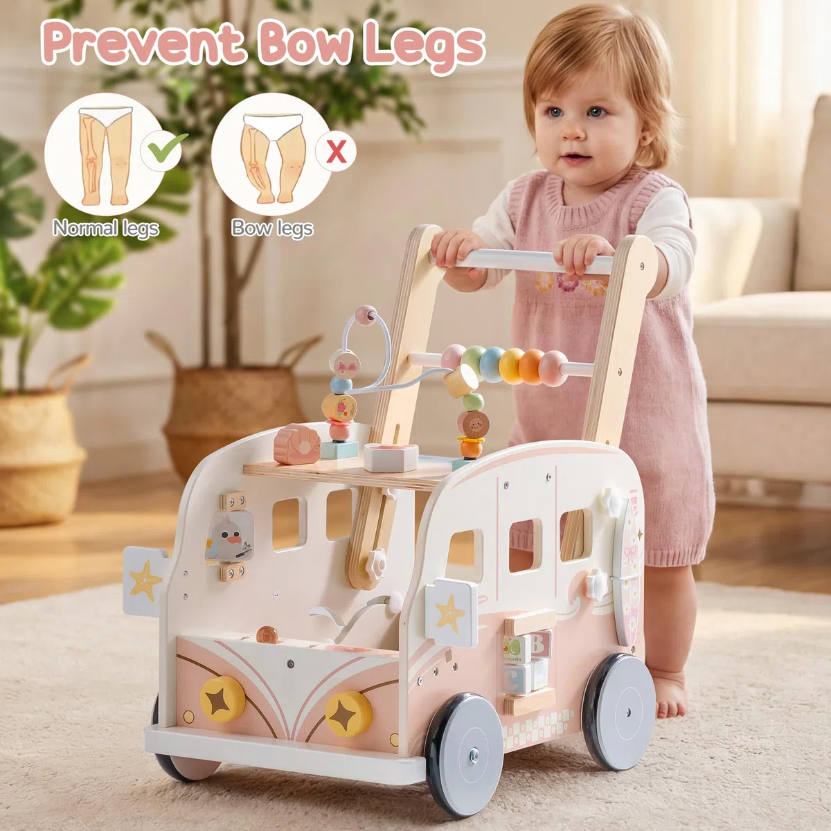 ROBOTIME Lauflernwagen Holz mit Geschwindigkeitskontrolle, Rosa | Urlaubsbus-Design Höhenverstellbare Baby-Lauflernhilfe mit Aktivitätscenter und Stauraum für Kinder von 10–36 Monaten