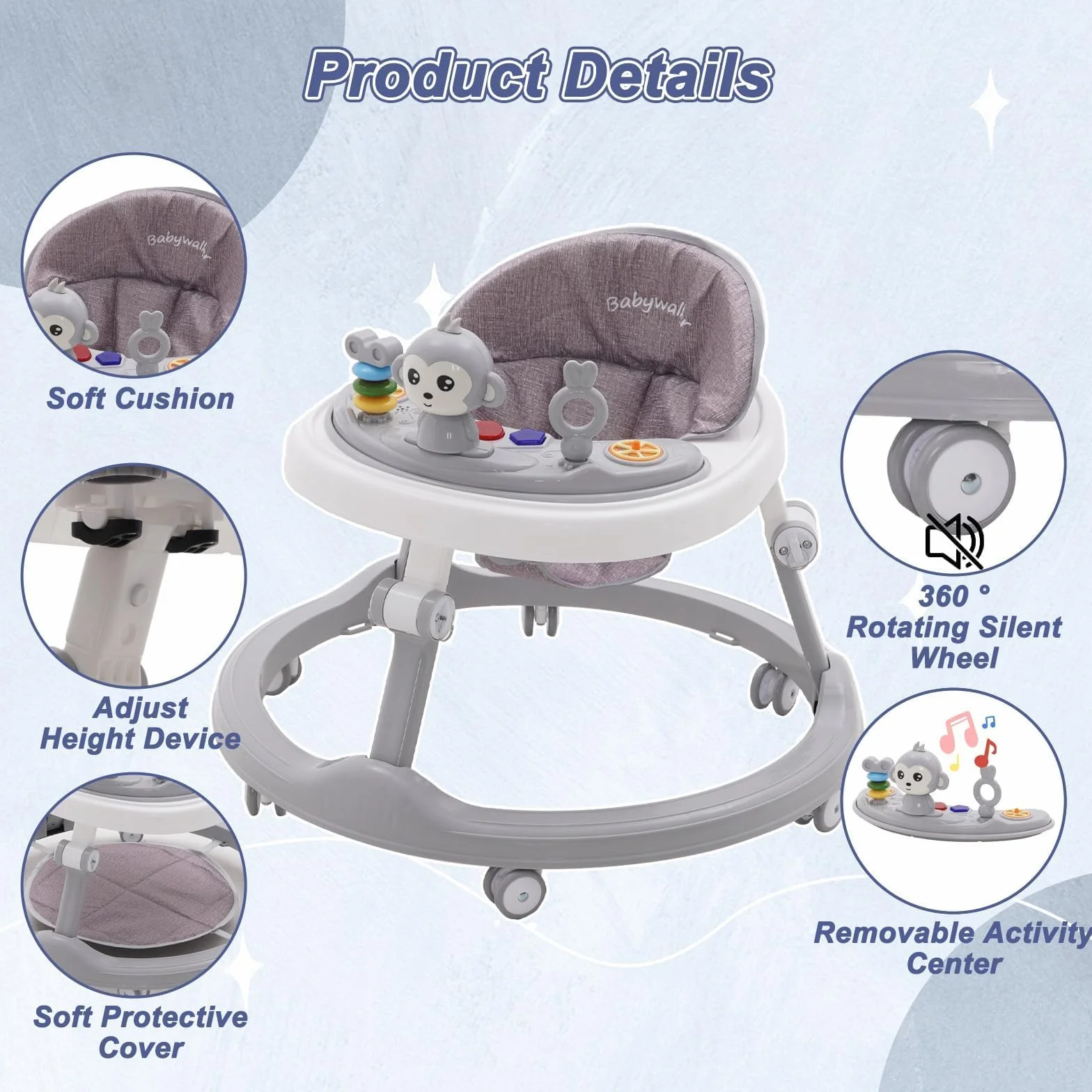 Lauflernhilfe Babywalker 5in1,mit Musikalisches Spielzeug und Herausnehmbarem Essteller,360-Grad-Rädern ohne Geräuschentwicklung,Faltbare Lauflernwagen Laufhilfe babys ab 0+ Klappbar Grau