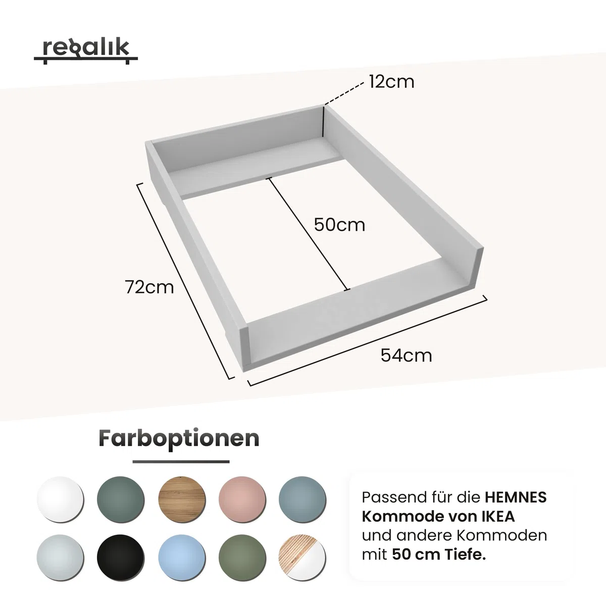 Wickelaufsatz für Hemnes von IKEA, Wickeltischaufsatz für 50 cm Kommoden, Abnehmbar Wickelkommode aufsatz, Abgerundeten Frontplatten, Weiß, 72cm x 54cm