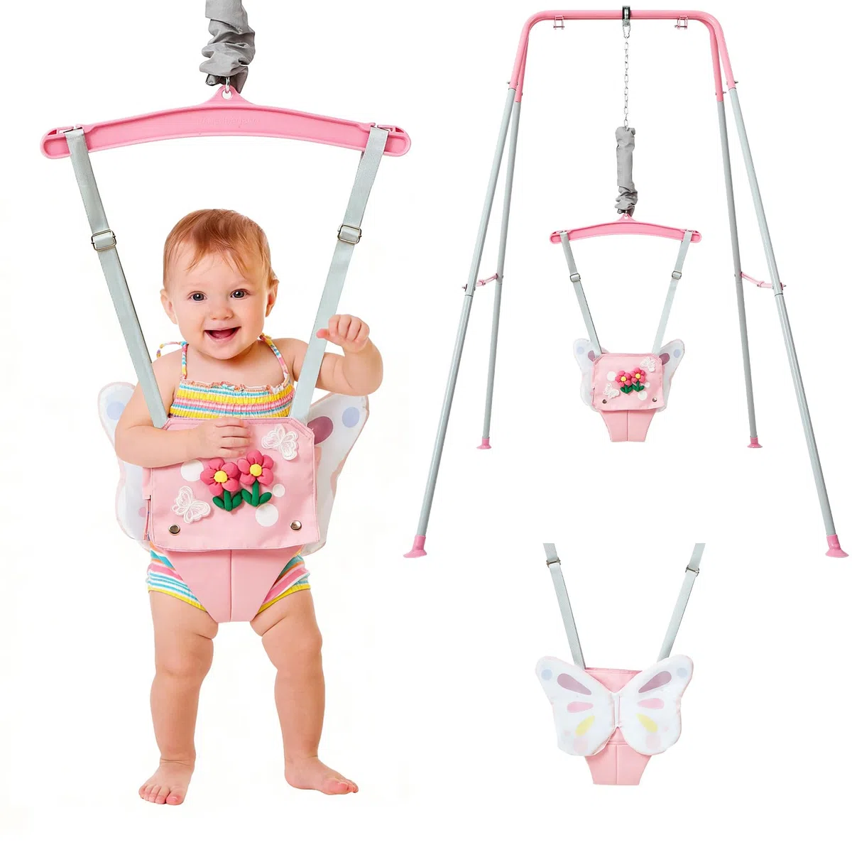 FUNLIO Baby-Hüpfsitz mit Ständer für 6–24 Monate, verstellbare Kette, Rosa Schmetterling