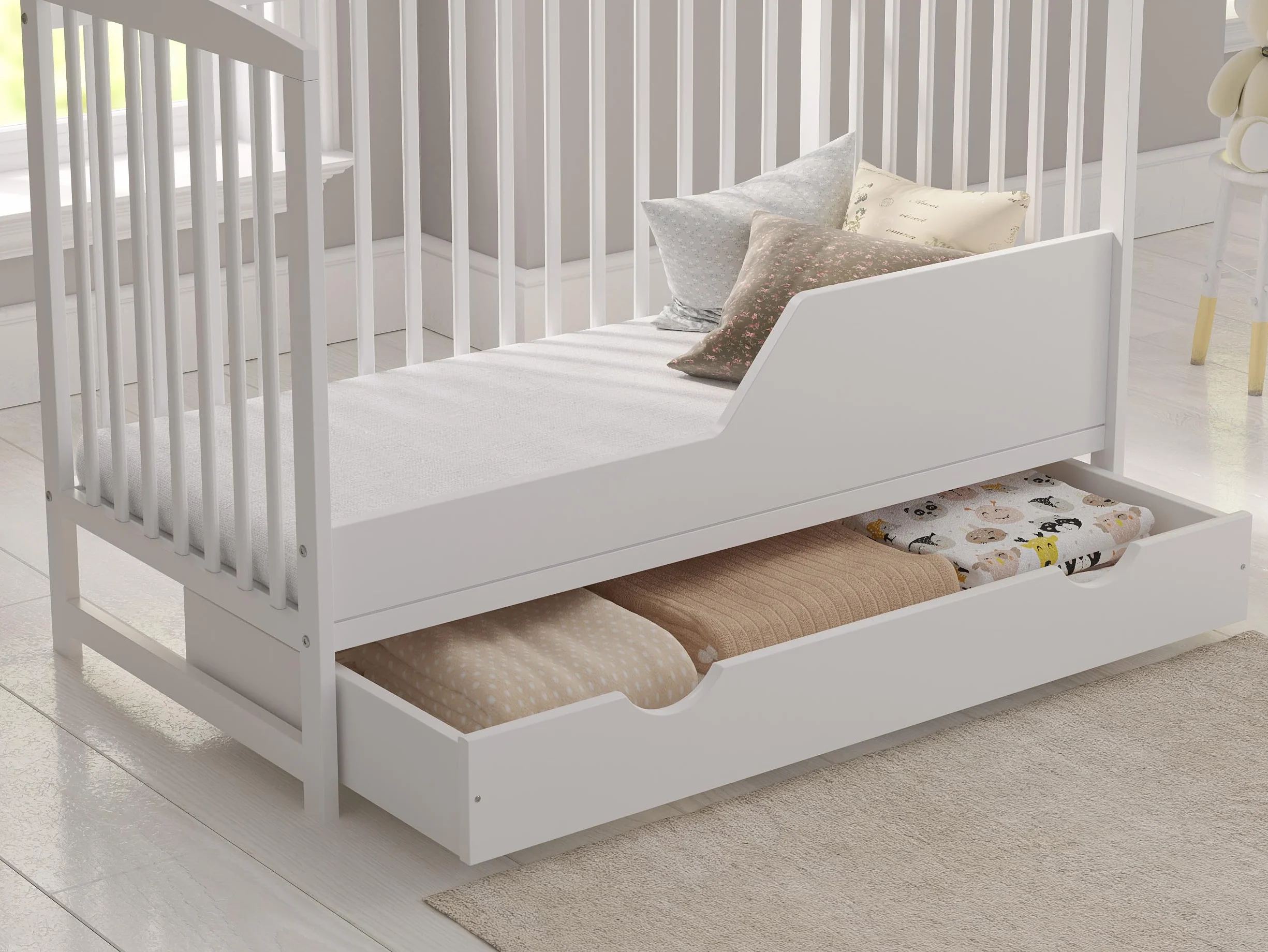 Love For Sleep Babybett 120x60 cm Weiß – Beistellbett mit Schublade und Matratze – Mitwachsendes Gitterbett aus Holz – Kinderbett Modell Jacob
