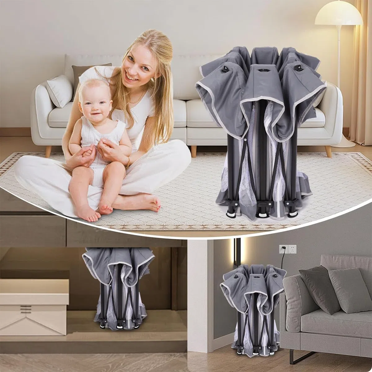 Laufstall Baby mit Matratze, Indoor & Outdoor Laufgitter Baby, Laufstall Baby Faltbar, Laufstall mit 50 Ozeanbällen (Grau, 127 * 127)