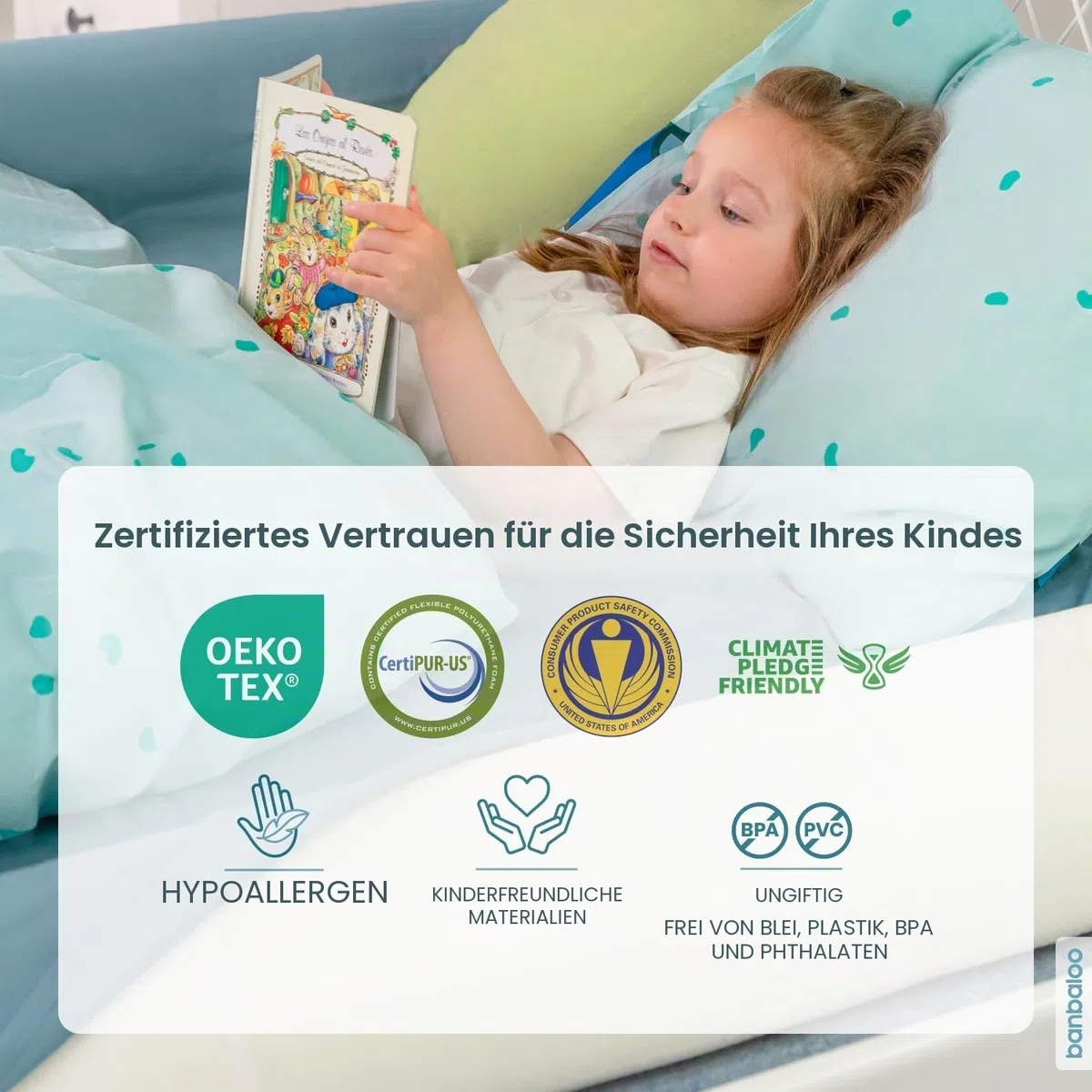 BANBALOO – 2er Pack - Bettkantenschutz, Schutzkissen für Kinderbett, Trennkissen, Randkissen, Babykissen, Bettsicherung und Rausfallschutz, rutschfestes und tragbares Schaumstoff-Kissen