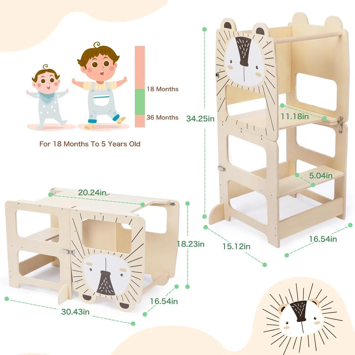 labebe Lernturm für Kinder, Montessori Multifunktion 3 in 1 Lernturm, Höchste Sicherheit Faltbarer Learning Tower