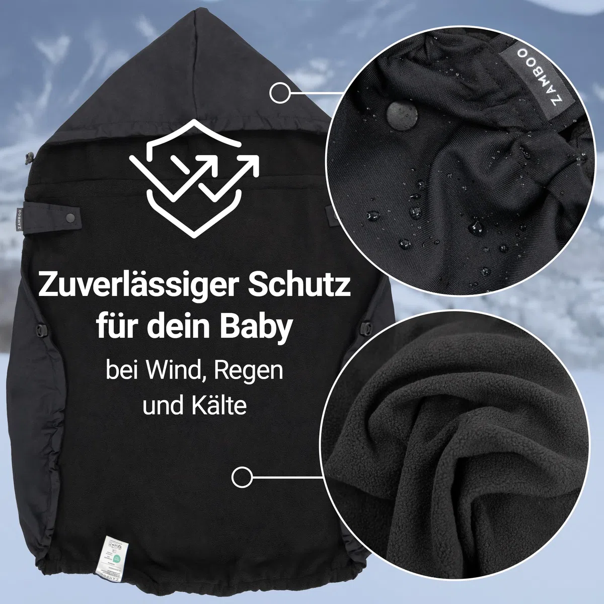 Zamboo Universal Babytrage Cover | Warmer Fleece Wetterschutz für viele Bauchtragen, kompatibel mit Ergobaby, Manduca, Ruckeli uvm. | OEKO-TEX Standard 100 zertifiziert - Schwarz