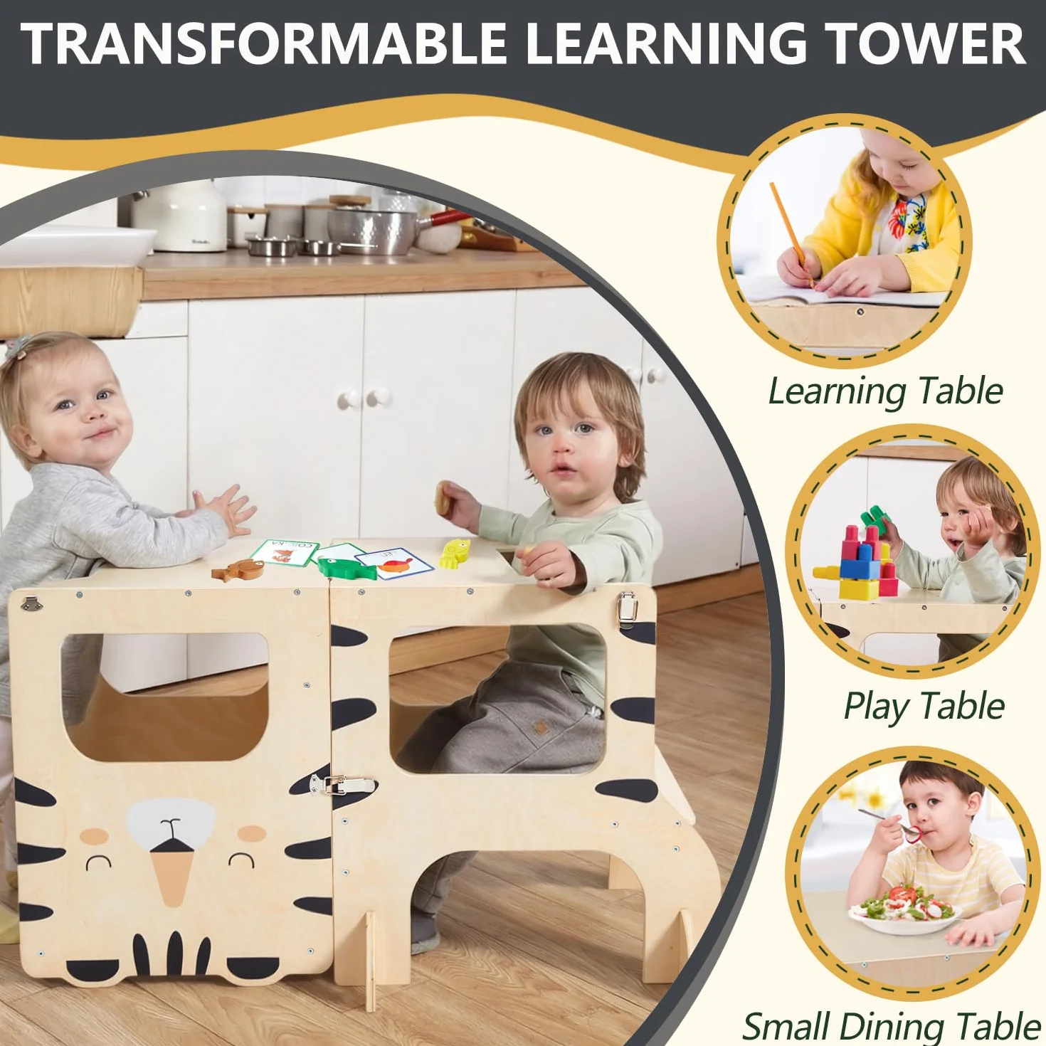 labebe lernturm für Kinder, klappbar Montessori Learning Tower, 3 in 1 lernstuhl Kinder mit Message Boards ab 1 Jahr-Tiger