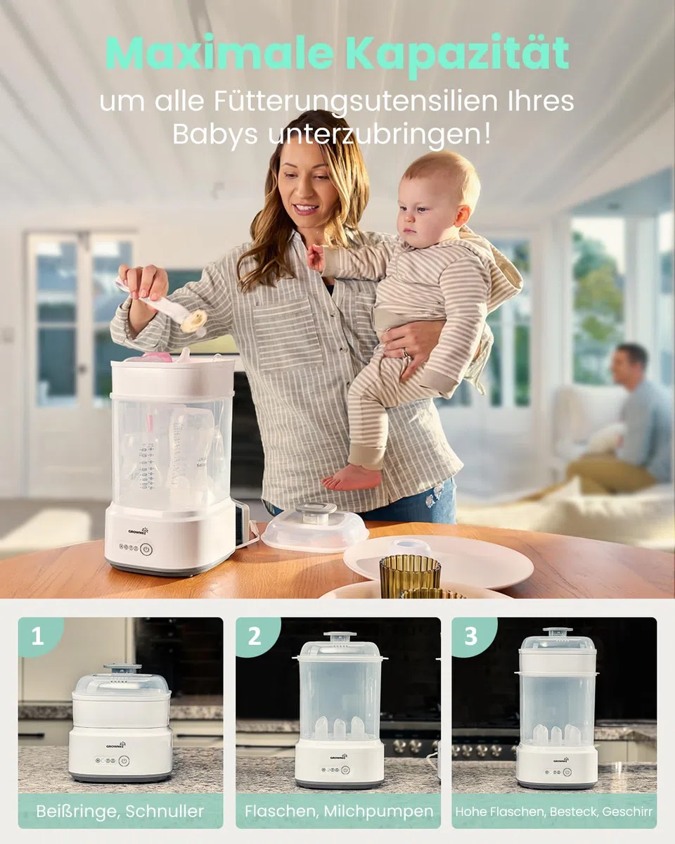 Grownsy Sterilisator für Babyflaschen mit Trocknerfunktion, 5 Flaschen | Schnellsterilisation in 8 Min., kompakter 5-in-1-Dampfsterilisator für Sauger, Schnuller und Milchpumpenzubehör