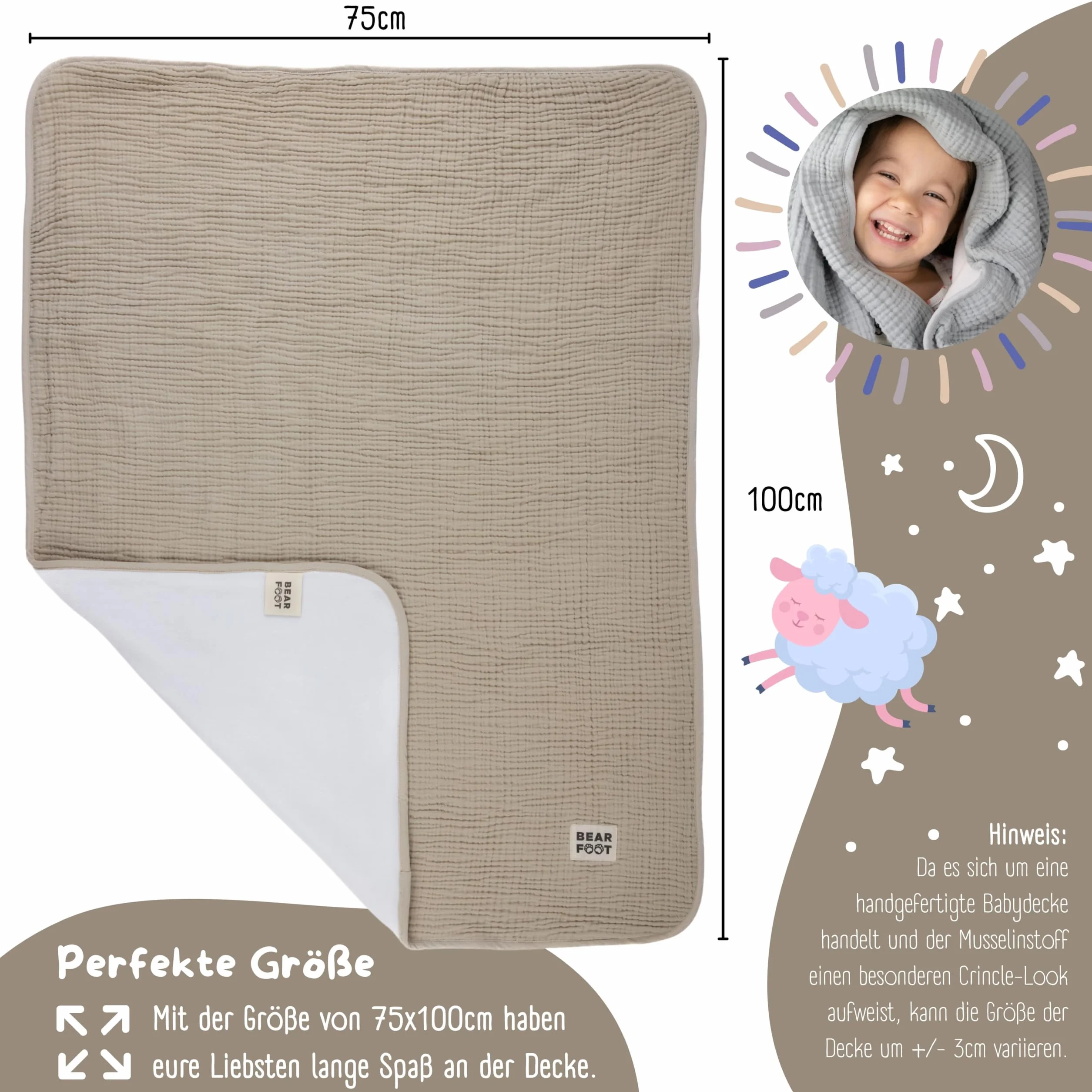 BEARFOOT Musselin Babydecke, Fleecedecke aus Baumwolle, flauschig (Summer Sand) | Flauschig weiche Kuscheldecke für Baby & Neugeborene, Geschenk für Junge & Mädchen zur Geburt