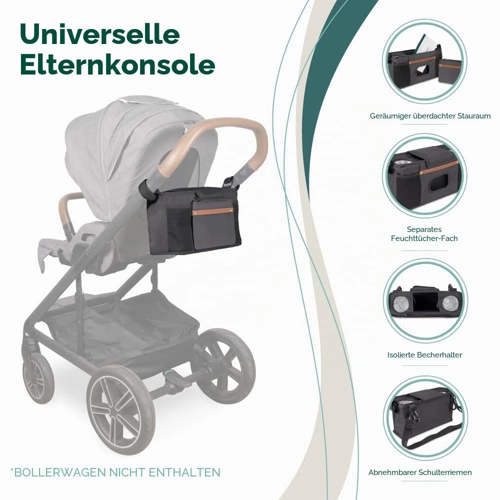 WONDERFOLD Kinderwagen-Organizer mit isolierten Getränkehaltern, Klettverschluss-Griffbefestigung, 2 Aufbewahrungstaschen und abnehmbarem Schultergurt für einfachen Transport