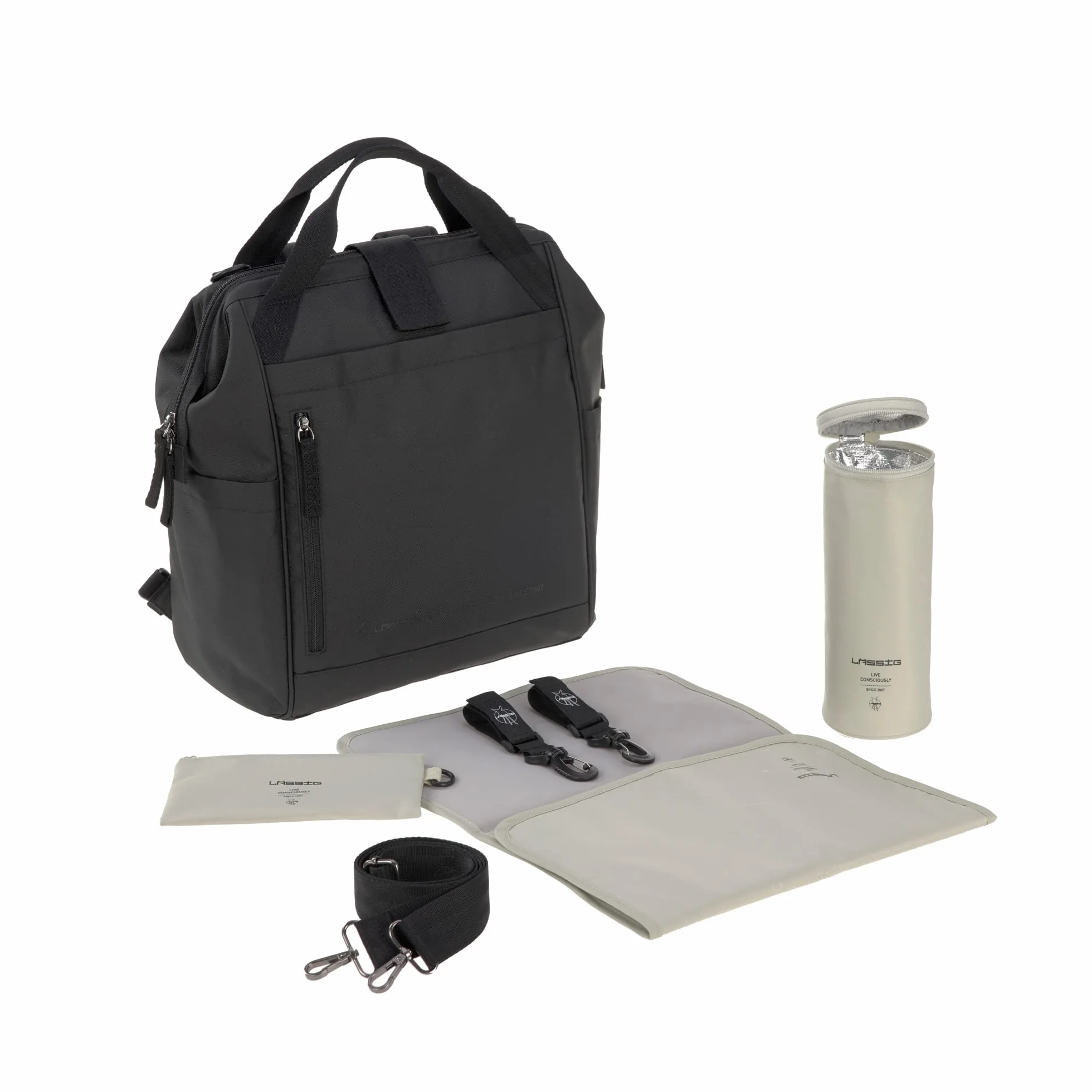 LÄSSIG Baby Wickelrucksack Wickeltasche inkl. Wickelzubehör Rucksack mit Wickelunterlage nachhaltig produziert/Goldie Up Backpack black 1103034000