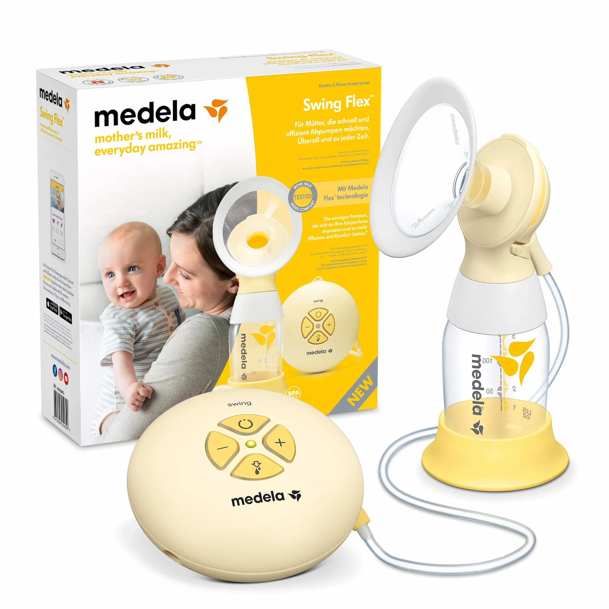 Medela Swing Flex elektrische Milchpumpe – Kompaktes Design – Mit PersonalFit Flex Brusthauben und Medela 2-Phasen-Expression-Technologie