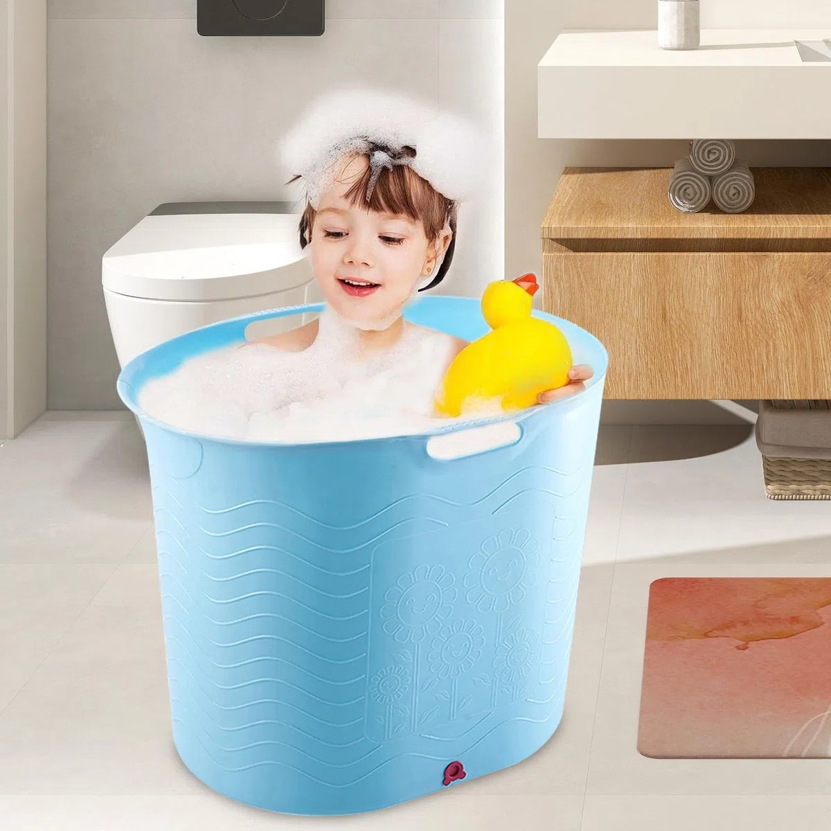 Babybadewanne, Babybadewanne für Kleinkinder, sicher für Kinder, hochtemperaturbeständig, mit Ablaufboden, großer und tiefer Badeeimer für Kinder