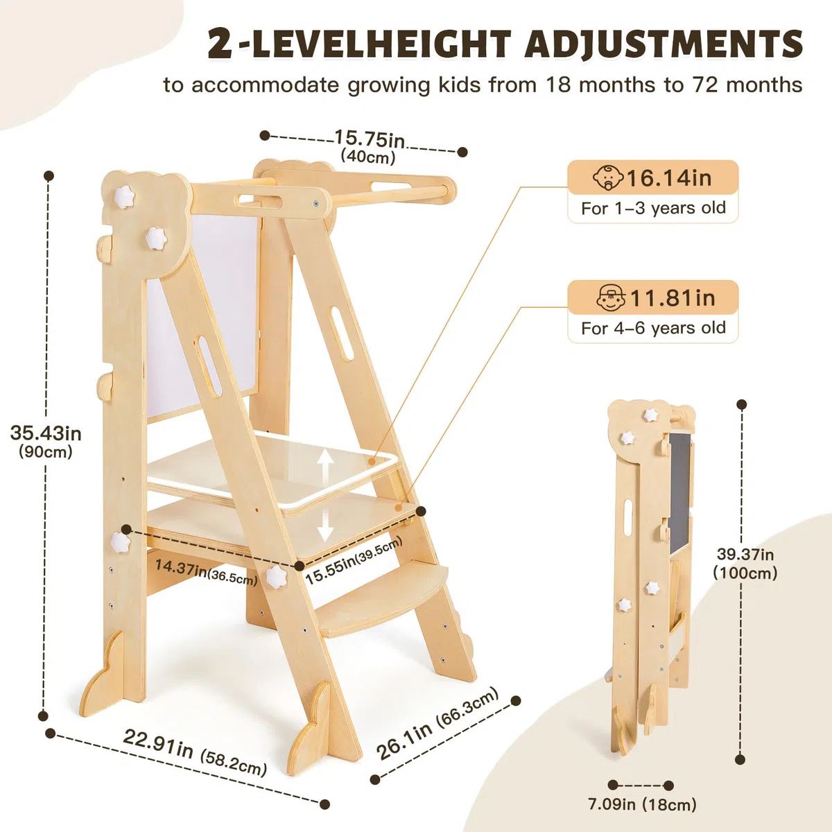 labebe Klappbar Lernturm für Kinder, Montessori Learning Tower mit Zweiseitige Tafel, 3 in 1 Einstellbare Höhe und Breite Lerntower, Multifunktion Lernturm ab 1 Jahr für Küche（Holz）