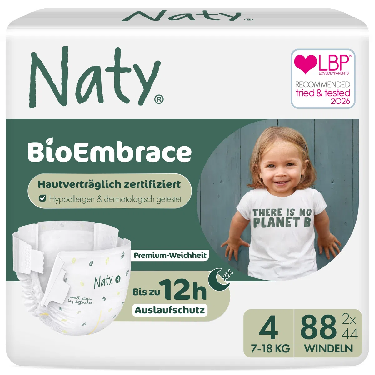 Naty BioEmbrace Baby Windeln Größe 4 (7–18 kg) 88 Stück Hypoallergen Saugstark Auslaufschutz