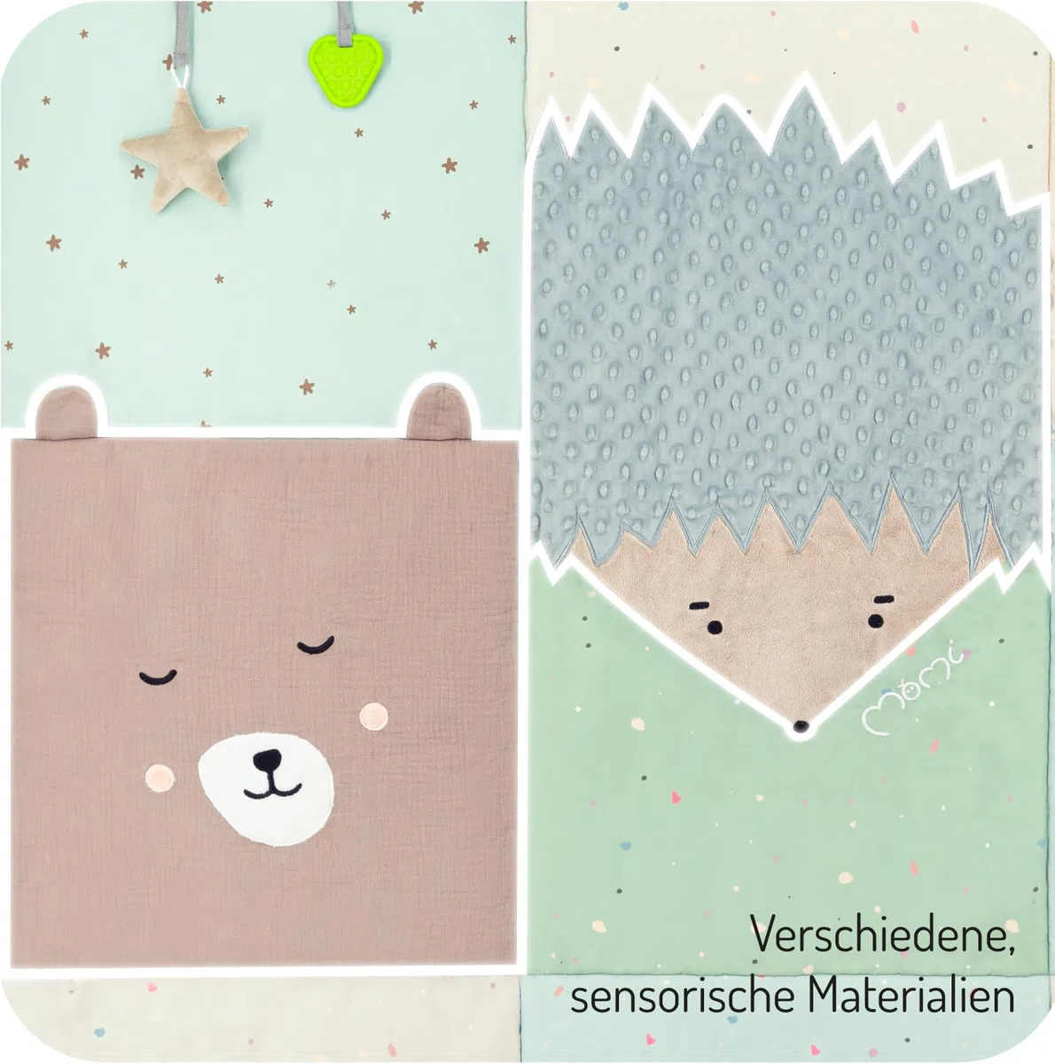 Momi Sensorische Patchwork-Matte VOLPI für Babys und Kleinkinder 120 x 160 cm, Spielmatte und Krabbeldecke für Mädchen und Jungen, faltbar zu einer Tasche mit Tragegriffen