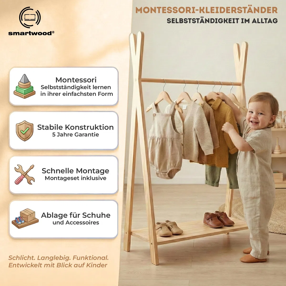 smartwood Kinder Kleiderständer TIPI M 97x63x36 cm - Montessori Garderobe aus FSC-Kiefernsperrholz mit Kleiderstange & Ablage - Garderobenständer mit Tragkraft bis 30 kg