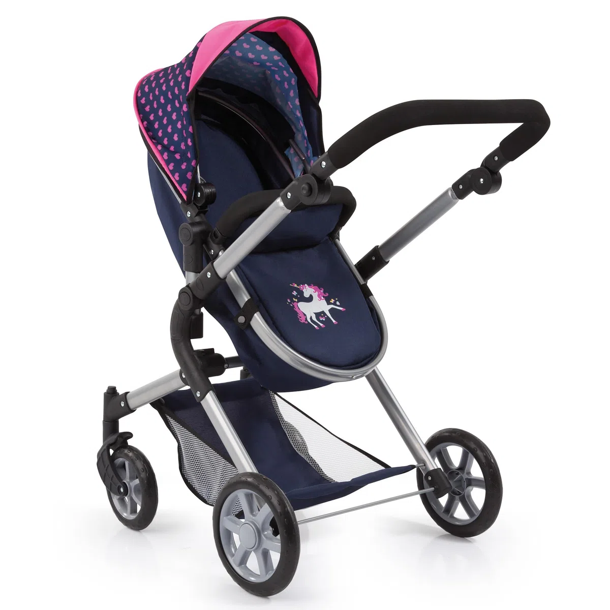 Bayer Design 18154AA City Neo Puppenwagen mit Wickeltasche und Einkaufskorb / umwandelbar in einen Sportwagen / höhenverstellbar / Design: Herzchen, Einhorn / dunkelblau, pink | wandelbar als Puppenjogger, verstellbarer Griff, schwenkbare Vorderräder, int