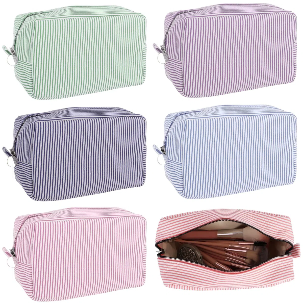 6 Stk. Seersucker-Make-up-Taschen, Reise-Kulturbeutel-Organizer-Set, gestreifte Kosmetiktasche mit Reißverschluss, 8,7 x 3,5 x 5,9 in, für Hautpflege und Pinsel, Geschenk für Brautjungfern, mehrfarbig