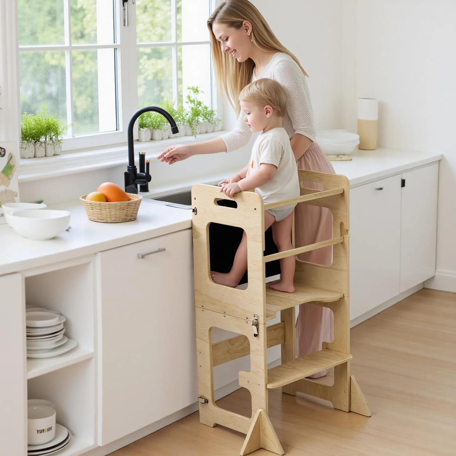 Labebe Lernturm für Kinder, Faltbarer Montessori Learning Tower, 3 in 1 Montessori Küchenhelfer Lernturm ab 18 Monate (Holz)