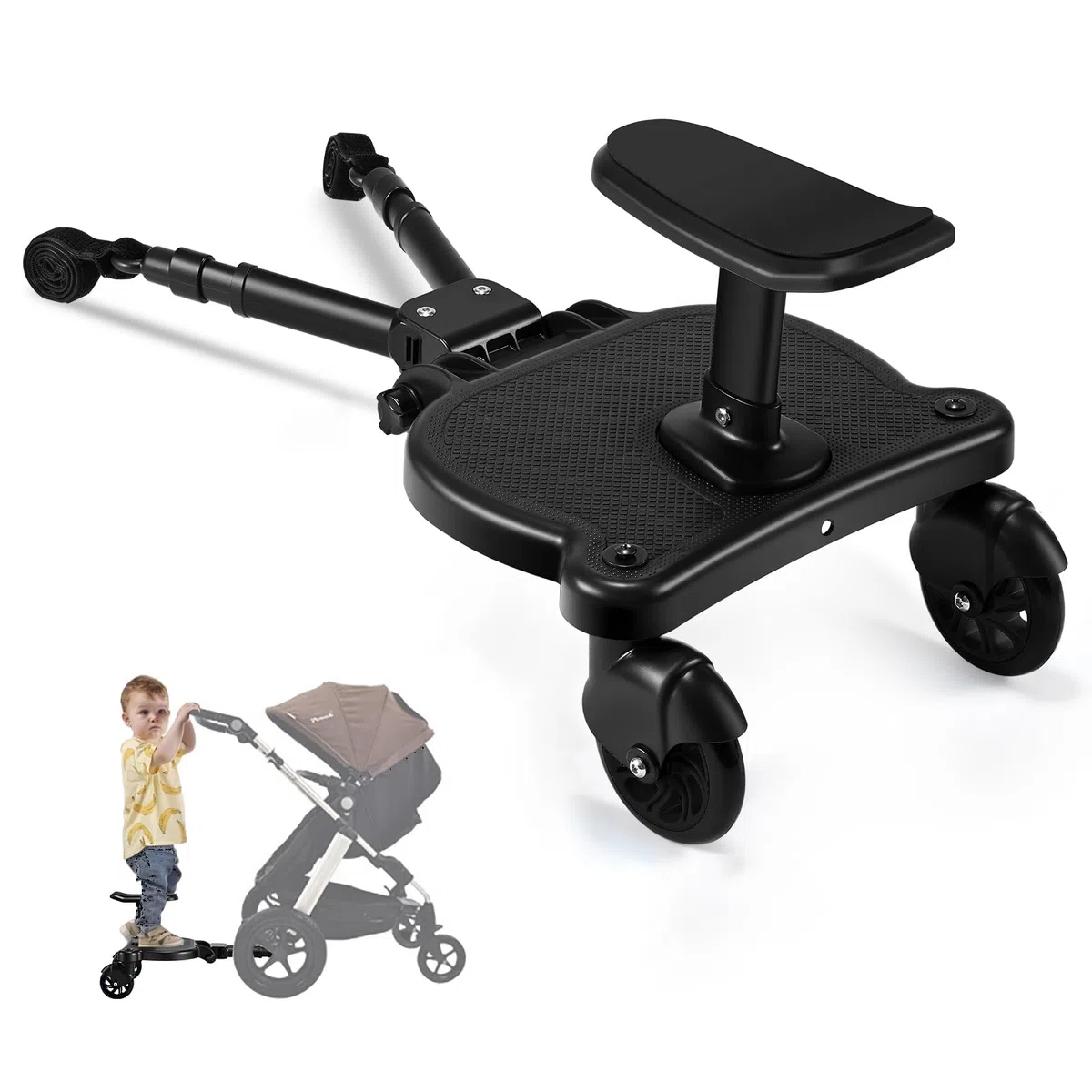 Buggy Board mit Sitz, Buggy Board für alle Kinderwagen, Trittbrett Mitfahrbrett universal, Kiddy Board für Kinder von 2-6 Jahren, Bearing 25KG (Schwarz)