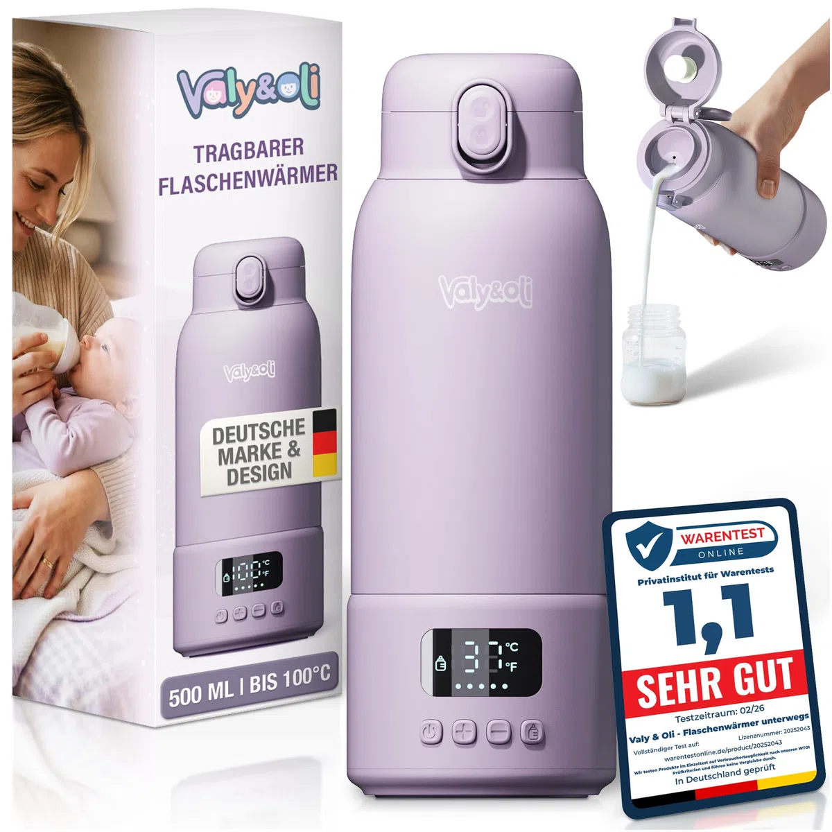 Valy&Oli® Flaschenwärmer Baby Unterwegs [Power 16.000mAh Akku] - Blitzschnell in 3 Min auf 37°C [Bis 100°C] - Tragbarer Milchwärmer [500ml] - Auslaufsicherer Babyflaschenwärmer (Lavendel-Lila)